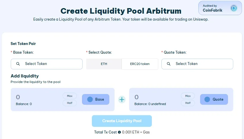 arbitrum liquidity pool creation by smithii tools, screenshot with empty fields in the interface