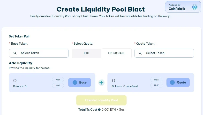 making a blast liquidity pool with smithii tools
