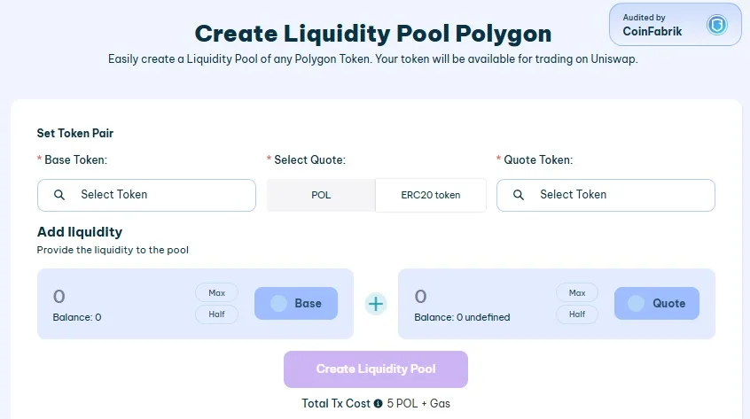 Smithii interface to create a liquidity pool on Polygon