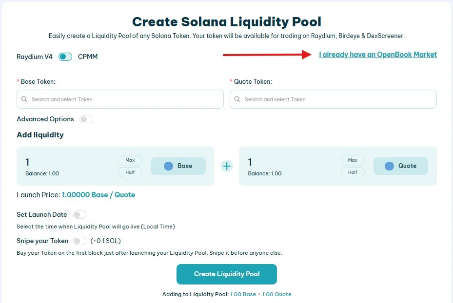 Creating a Solana liquidity pool using a openbook market with smithii tools