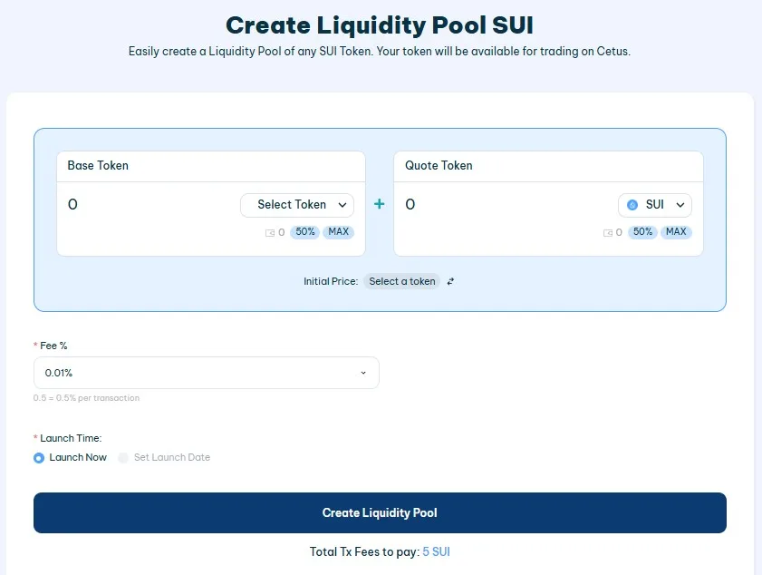 interface screenshot of smithii tools to create a sui liquidity pool