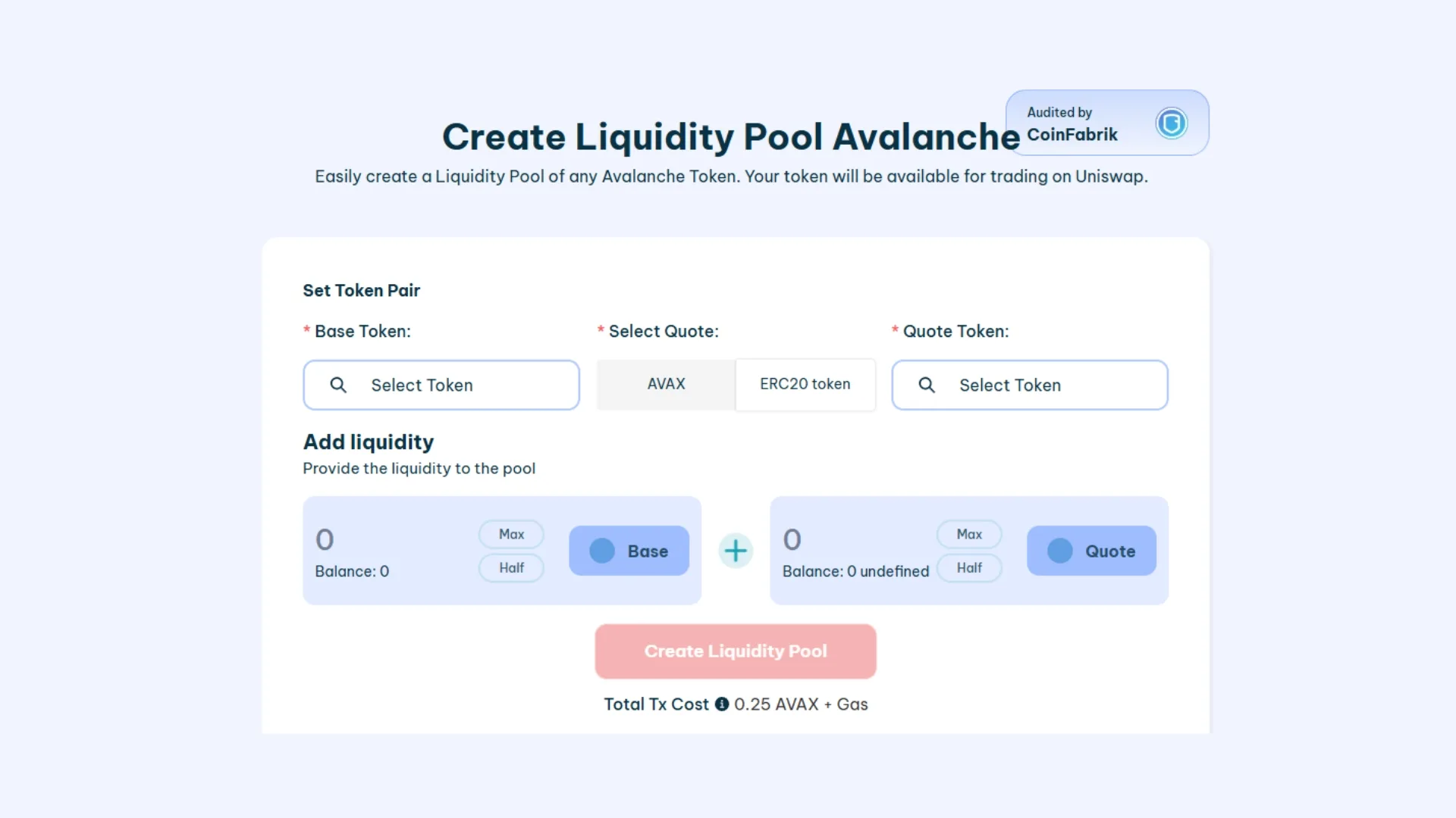 Schritt für Schritt zum Erstellen eines liquidity pool für einen token. Sechste Blockchain: Avalanche.