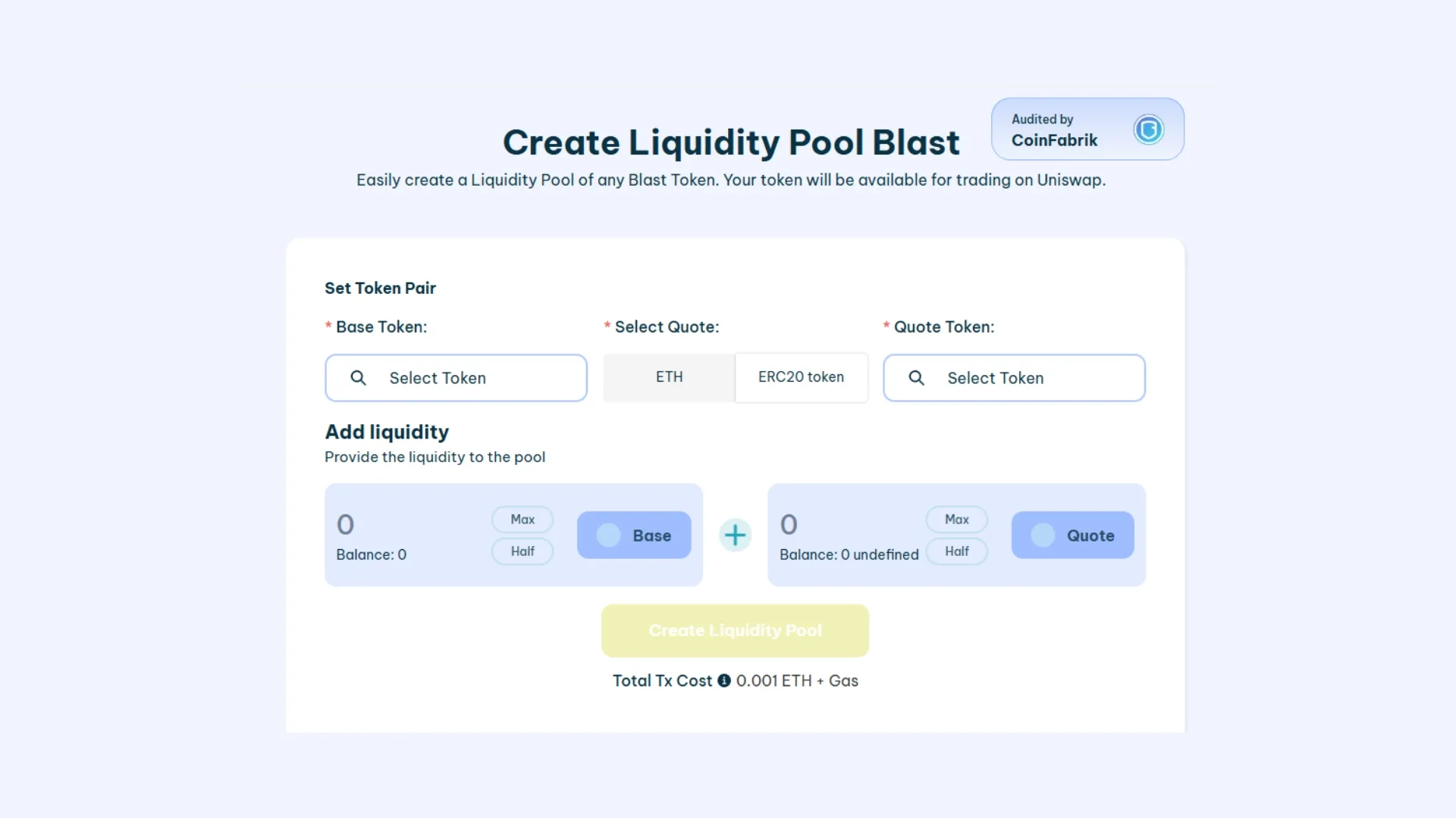 how-to-create-liquidity-pool-blast-screenshot Cómo crear una liquidity pool en Blast usando Smithii Tools: 1. Conectar una wallet compatible y con los tokens a emparejar, 2. Seleccionar el base token y el quote token, 3. Establecer la liquidez inicial de la pool, 4. Crear la LP y firmar la transacción.