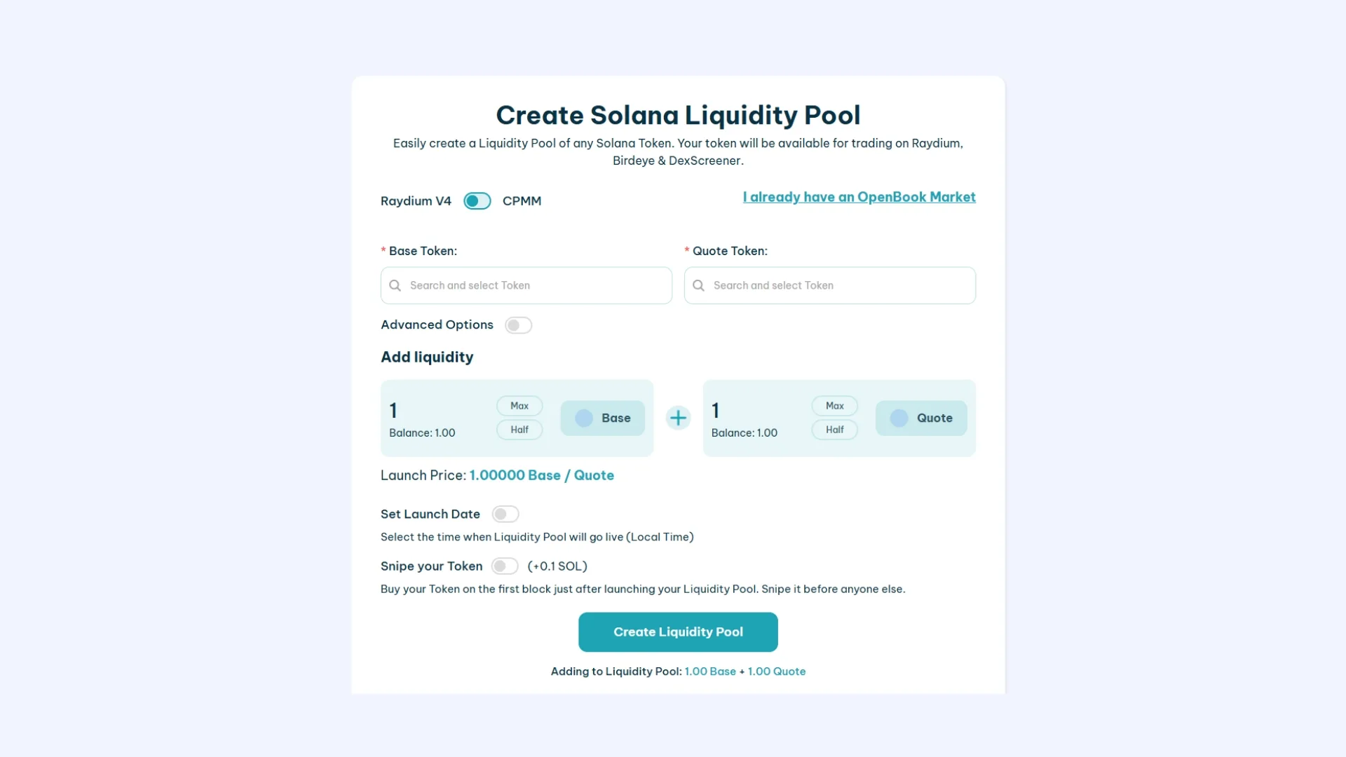 Как создать liquidity pool на Solana без программирования, максимально просто. Гайд с использованием Smithii Tools: скриншот с пустыми полями.