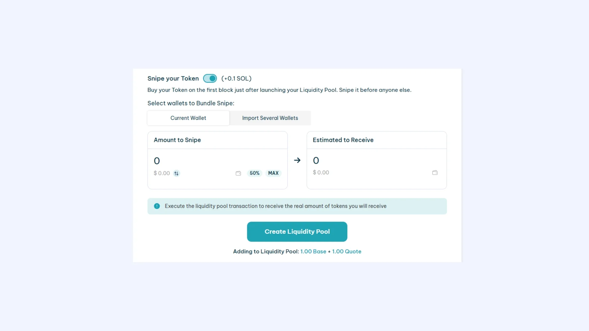 После создания твоего liquidity pool на Solana можно настроить feature snipe token, чтобы сделать мгновенный bundle buy и заблокировать действия snipers и jets.