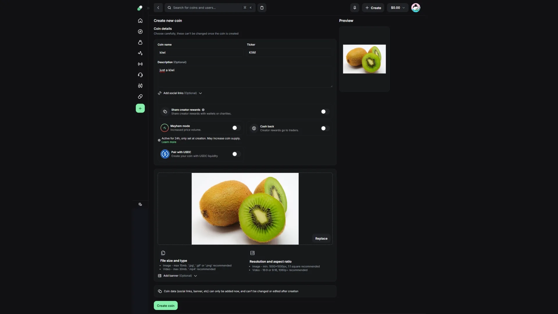Menggunakan UI Pump.fun untuk membuat memecoin di Solana
