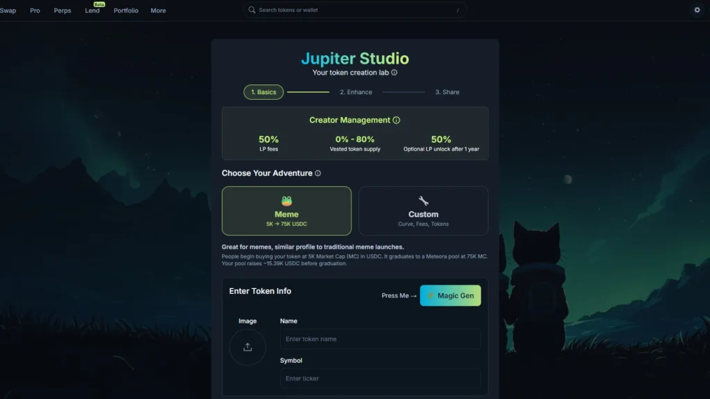 Jupiter Studio let you create your own meme coin on Solana. Interface screenshot