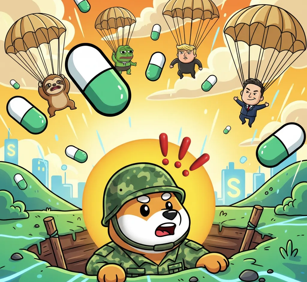 Memecoin Solana War: Letsbonk in a trench getting cover from Pump.fun projectiles while Slerf, Pepe, Trump and Elon are airdropping from the sky