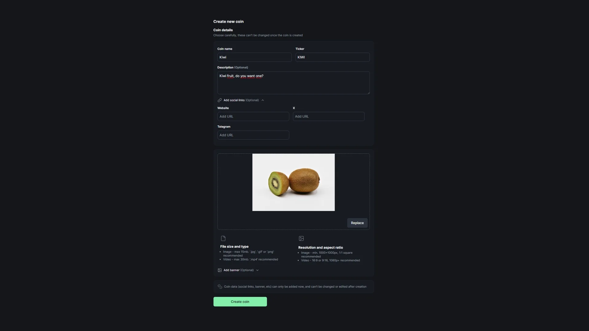 Pump.fun create coin button: interface to customize a meme coin on Solana