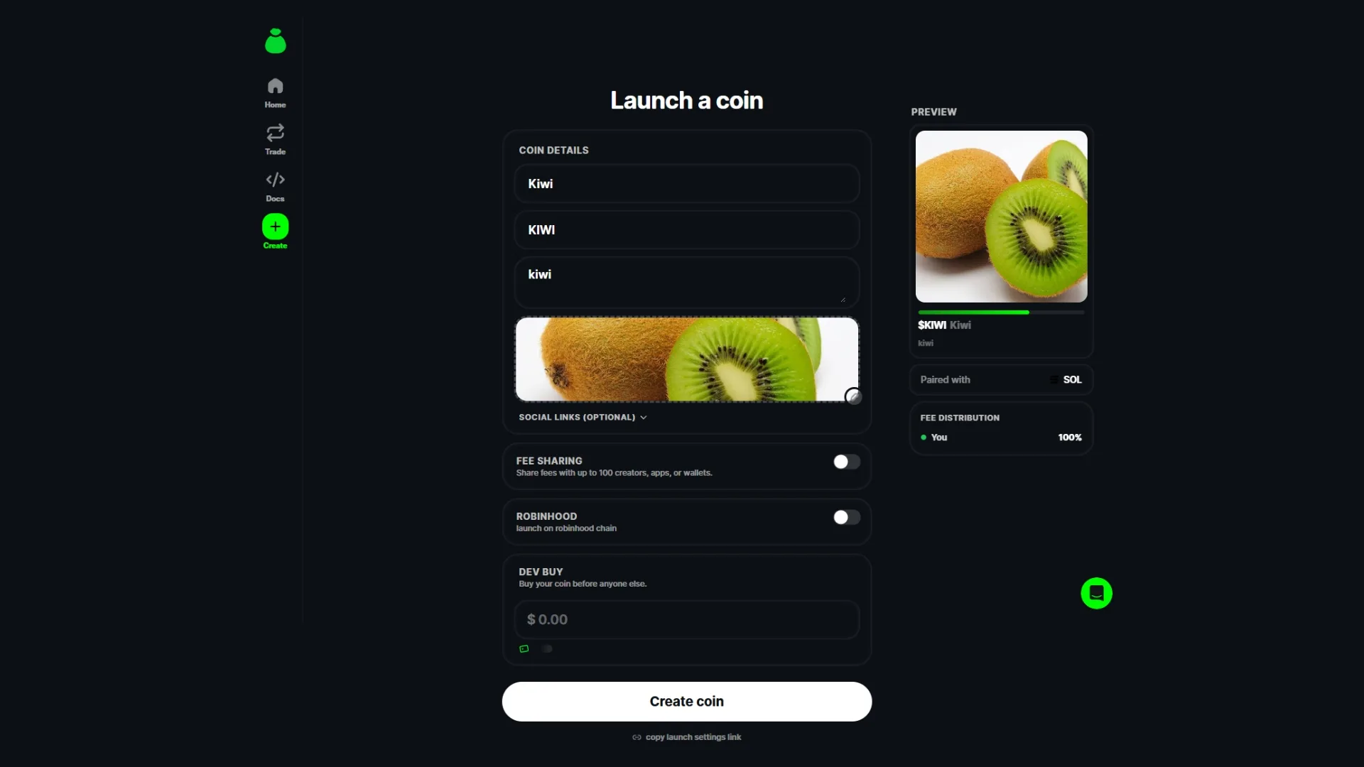 Oberfläche von Bags.fm, ein weiterer launchpad auf Solana als Alternative zu Pumpfun, mit dem sich Tokens erstellen lassen.