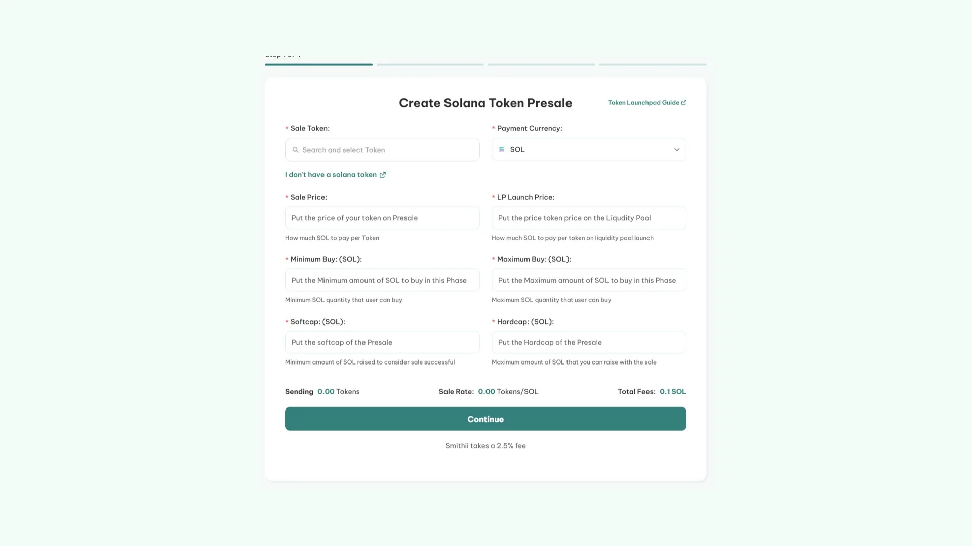 Launchpad von Smithii auf Solana, auch als Pre-Sale für Tokens (IDO) einsetzbar. 