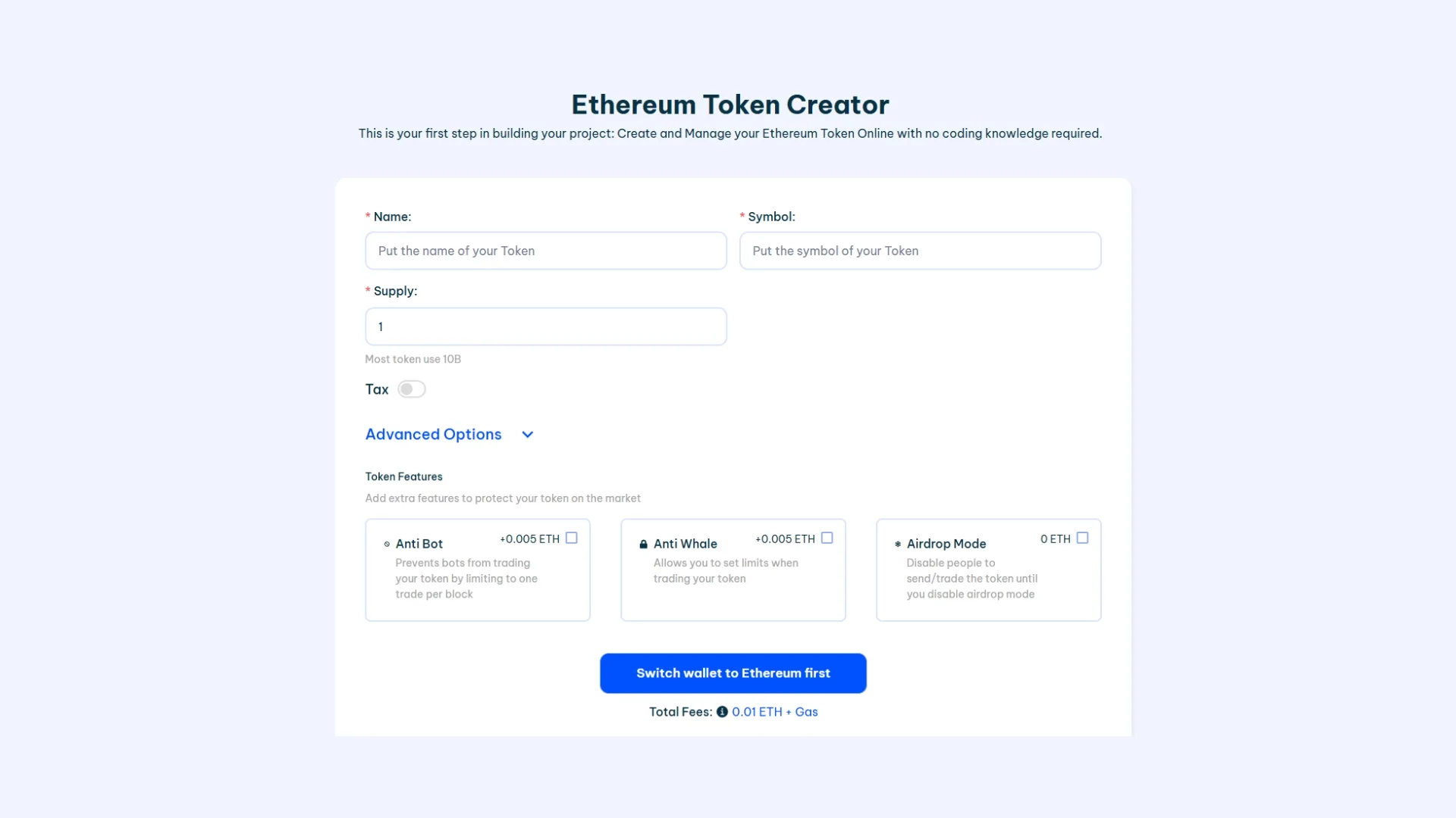 Скриншот Ethereum Token Creator от Smithii Tools для создания и запуска meme coin в Ethereum без программирования.