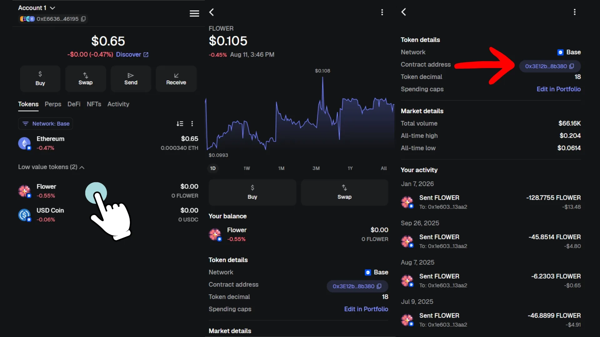 how-to-find-token-contract-address-wallet-screenshot Cómo encontrar el token contract address de un token en EVM cuando está en tu wallet (explicación desde MetaMask):1. Localiza el token en tu wallet
2. Haz clic en el token
3. Haz scrolldown hasta encontrar "Contract Address" y podrás copiarlo.