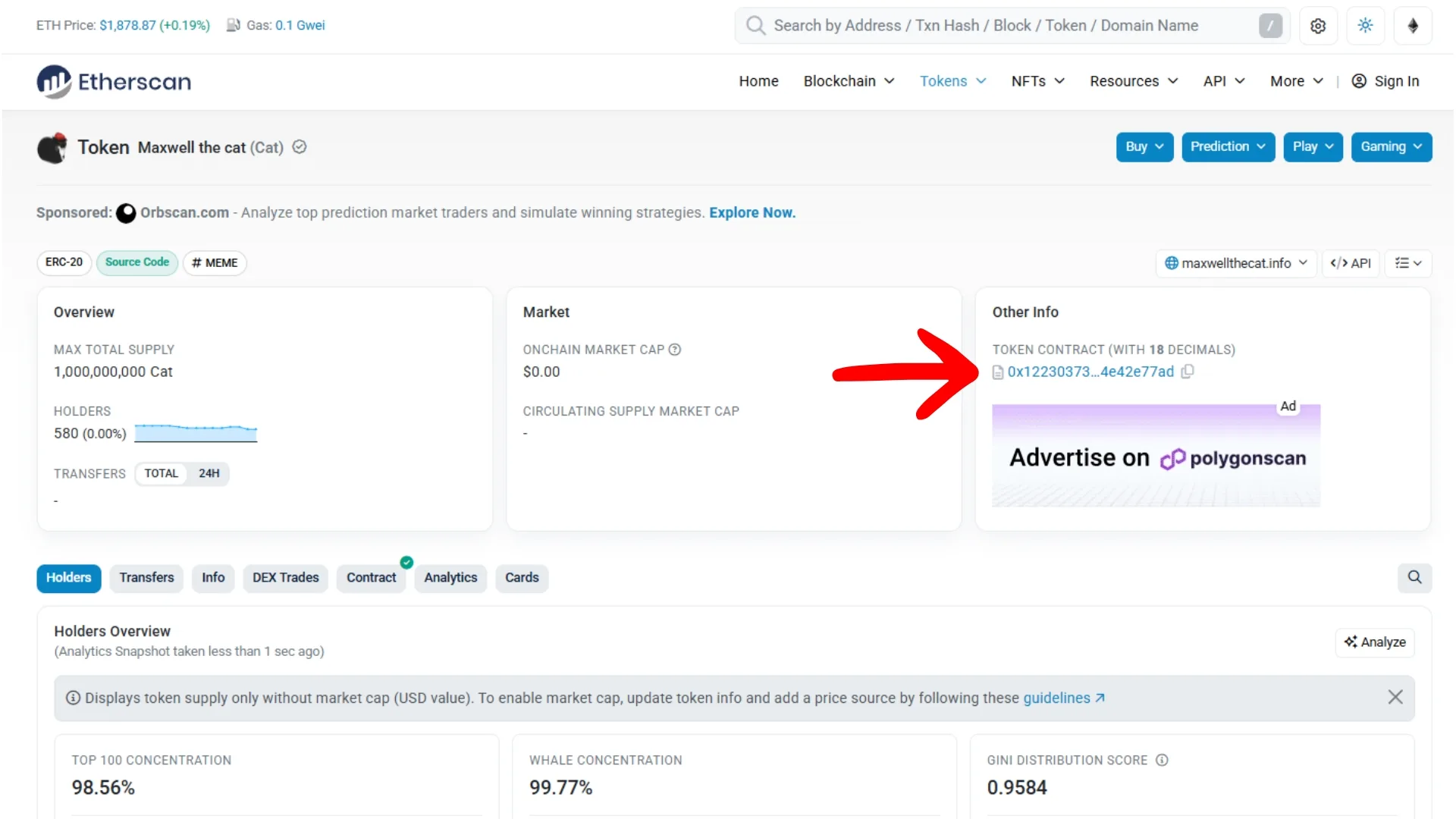 using-etherescan-for-token-address-finding Ejemplo para encontrar el token contract address usando Etherscan, pero el proceso es igual para otros exploradores o scanners. Captura de pantalla de Etherscan con un token encontrado por su nombre. Se puede visualizar el Token Contract a la derecha para verficación.