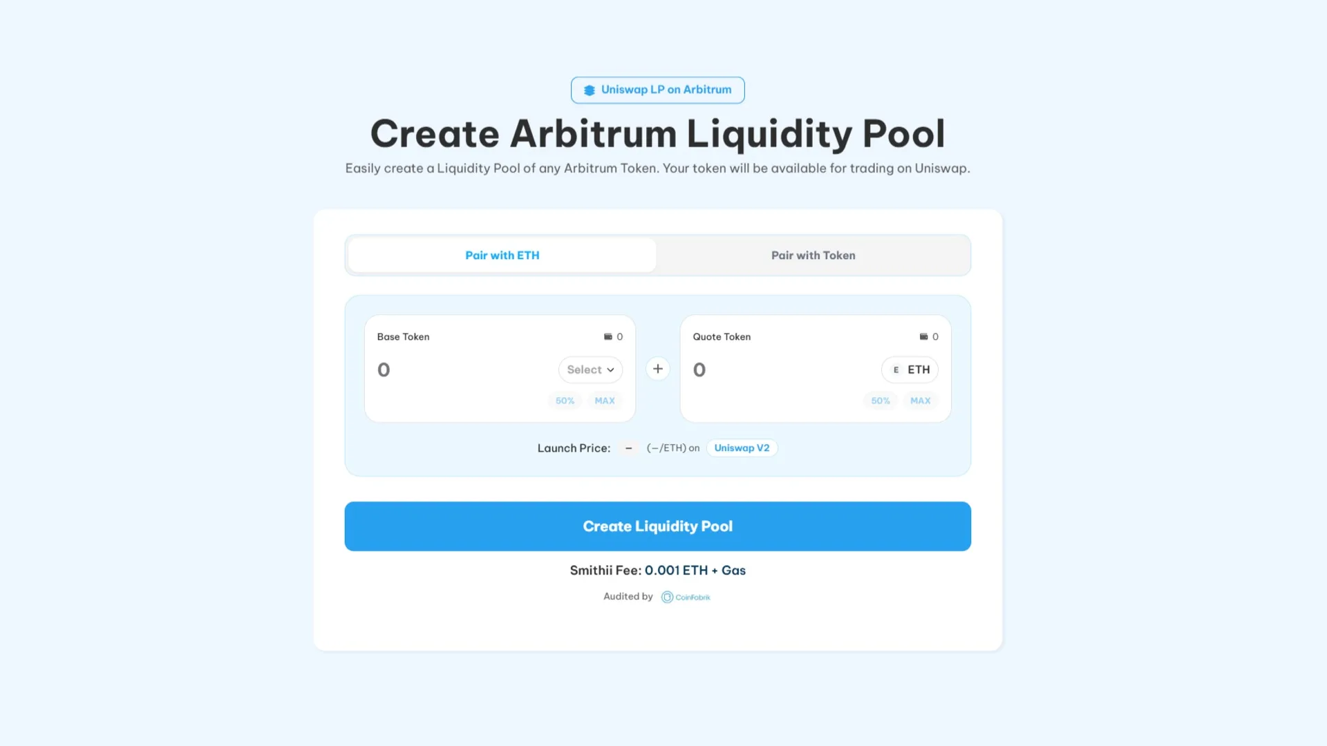 Eine liquidity pool auf Uniswap mit Smithii Tools erstellen: Screenshot des Arbitrum Liquidity Pool Creators