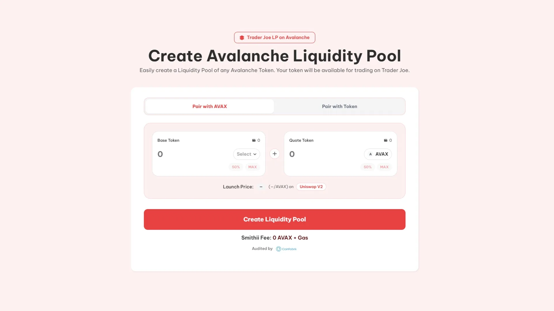 So erstellst du eine liquidity pool auf Uniswap mit Smithii Tools, Screenshot des Avalanche Liquidity Pool Creator.