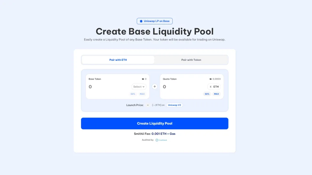 Eine liquidity pool auf Uniswap mit Smithii Tools erstellen: Screenshot des Base Liquidity Pool Creators
