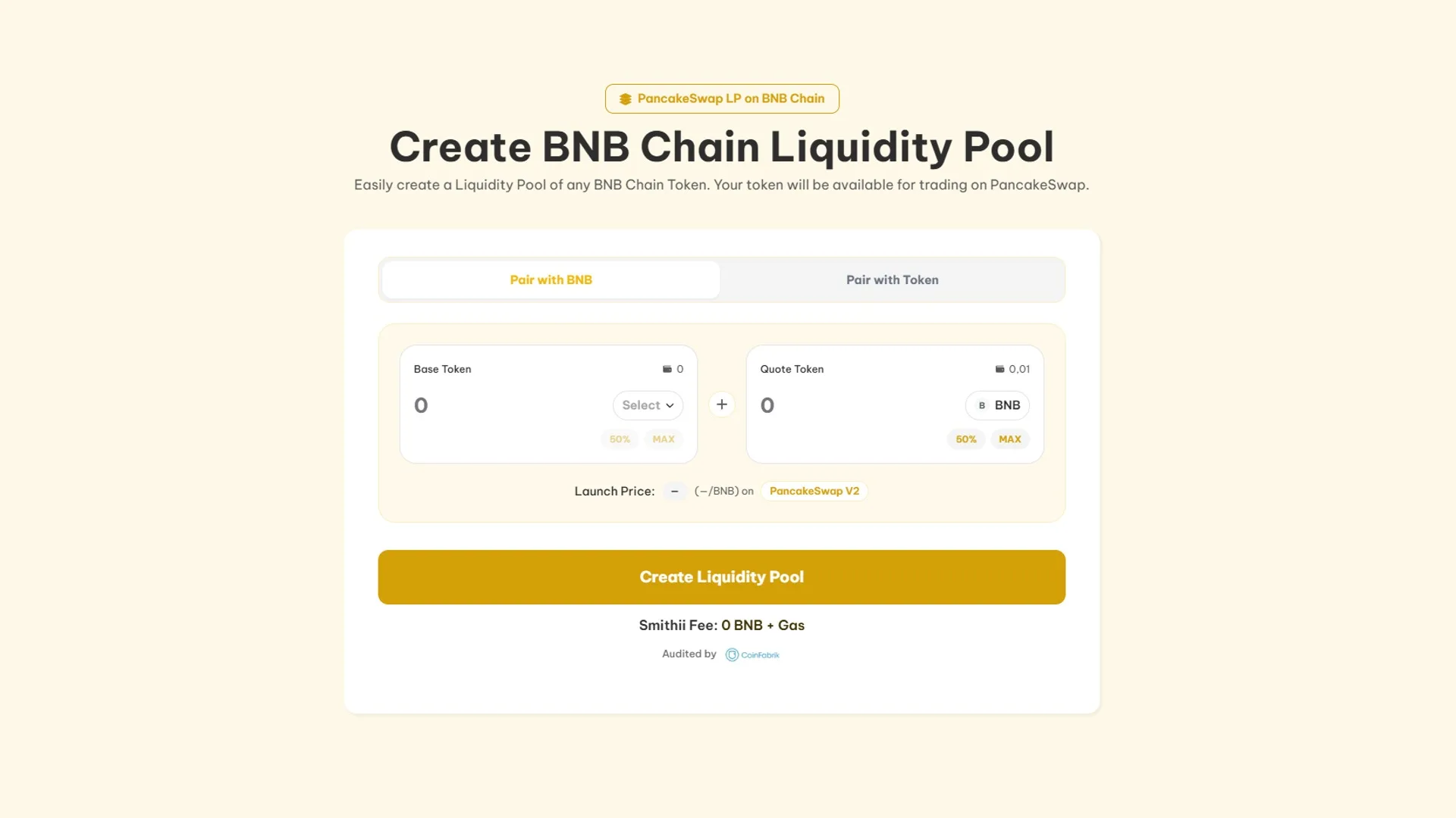 So erstellst du eine liquidity pool auf Uniswap mit Smithii Tools, Screenshot des Binance Liquidity Pool Creator.
