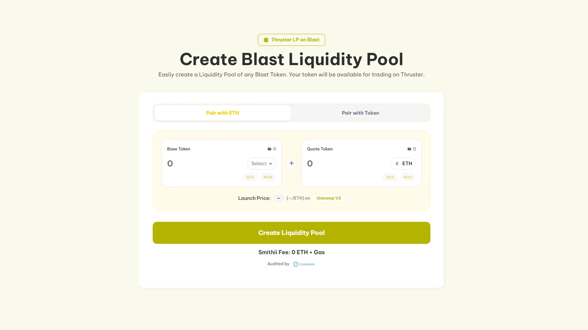 So erstellst du eine liquidity pool auf Uniswap mit Smithii Tools, Screenshot des Blast Liquidity Pool Creator.