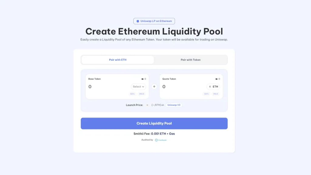 Eine liquidity pool auf Uniswap mit Smithii Tools erstellen: Screenshot des Ethereum Liquidity Pool Creators