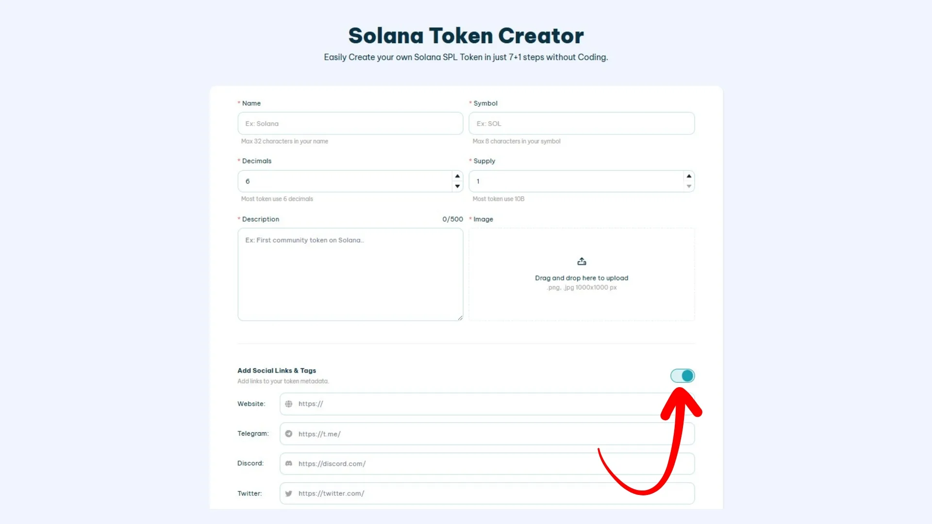 how-to-add-social-links-dexscreener-with-smithii How to add social links on Dexscreener by using Smithii: during the token creation with token creator tool, enable "Add Social Links & Tags" to see all social links that you can add