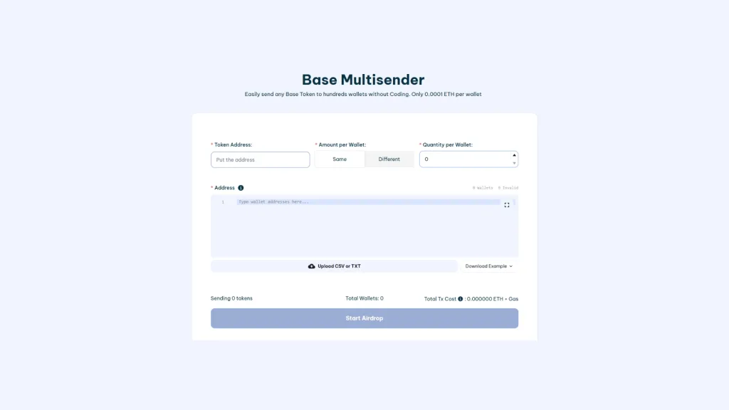 how-to-make-a-base-airdrop-screenshot Kod yazmadan, bir dApp kullanarak Base üzerinde bir token'ın airdrop'ı nasıl yapılır. Tüm alanları boş gösteren ekran görüntüsü.