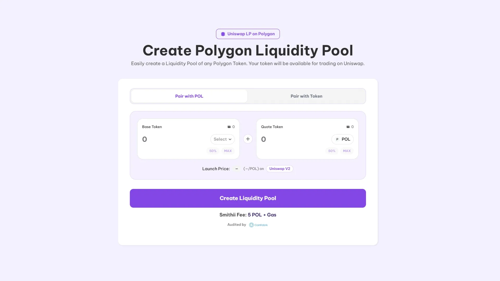 Eine liquidity pool auf Uniswap mit Smithii Tools erstellen: Screenshot des Polygon Liquidity Pool Creators
