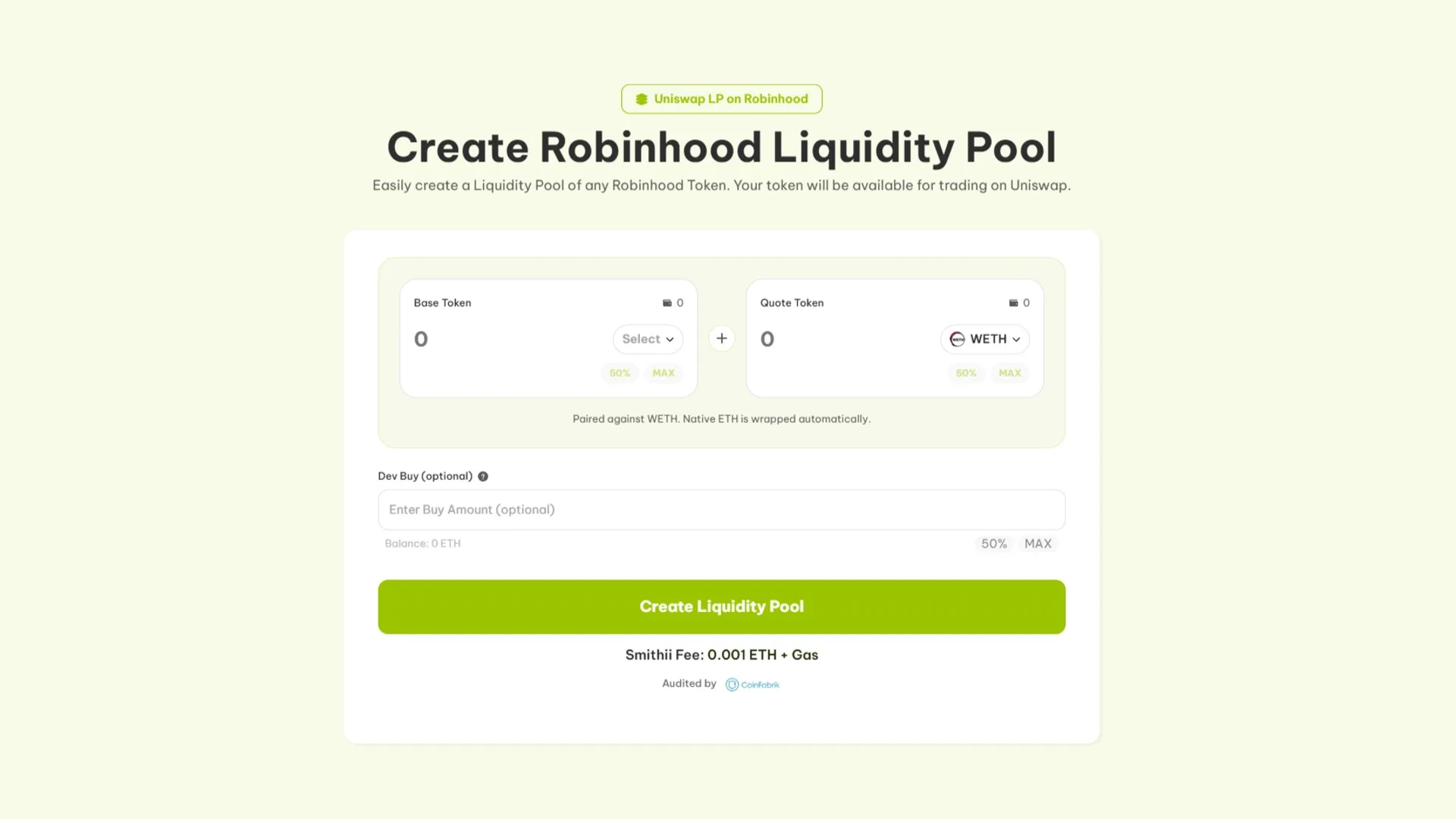 So erstellst du eine liquidity pool auf Uniswap mit Smithii Tools, Screenshot des Robinhood Chain Liquidity Pool Creator.