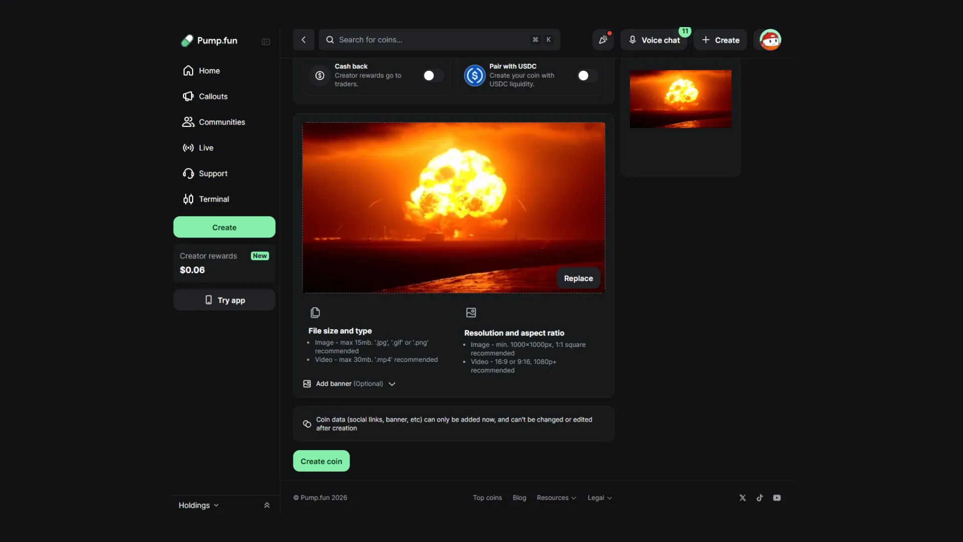 Cómo crear una meme coin gratis usando Pump.fun, el launchpad más grande de Solana. Screenshot de la interfaz de creación.