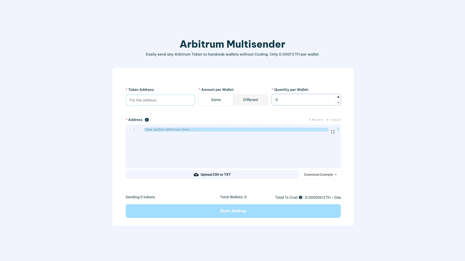how-to-make-airdrop-arbitrum-token-screenshot Multisend von Tokens auf Arbitrum mit dem Tool für Airdrop: Screenshot vom Interface der Smithii Tools.