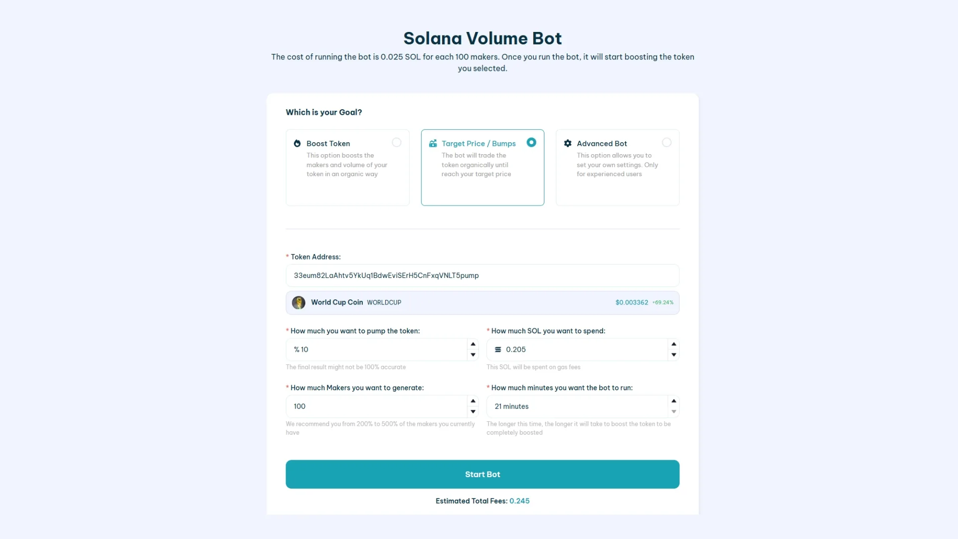 Comment utiliser un market maker bot sur Solana : screenshot de la dApp de Smithii pour générer du volume sur un token SPL.