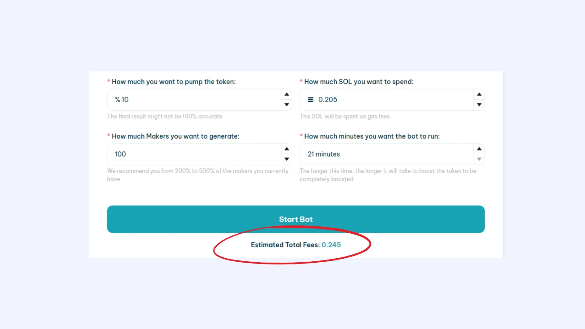 Total des fees liés à l'utilisation du market making bot de Solana disponible sur Smithii.
