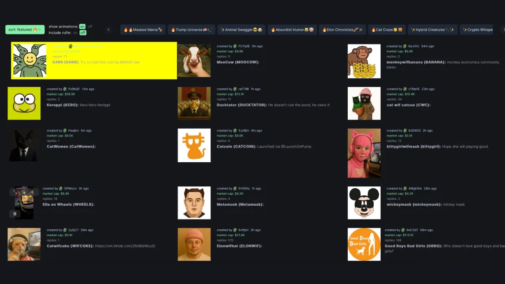 Pump Fun Meme Coins展示：Solana上的热门代币，包括Keroppi (KERO)、CatCoin (CATCOIN)、Ducktator (DUCKTATOR)和Elonwifhat (ELONWIF)。社区驱动的项目，头像各式各样，有猫娘、青蛙、像素艺术等，深色模式界面展示了market cap、回复和创建者名称。