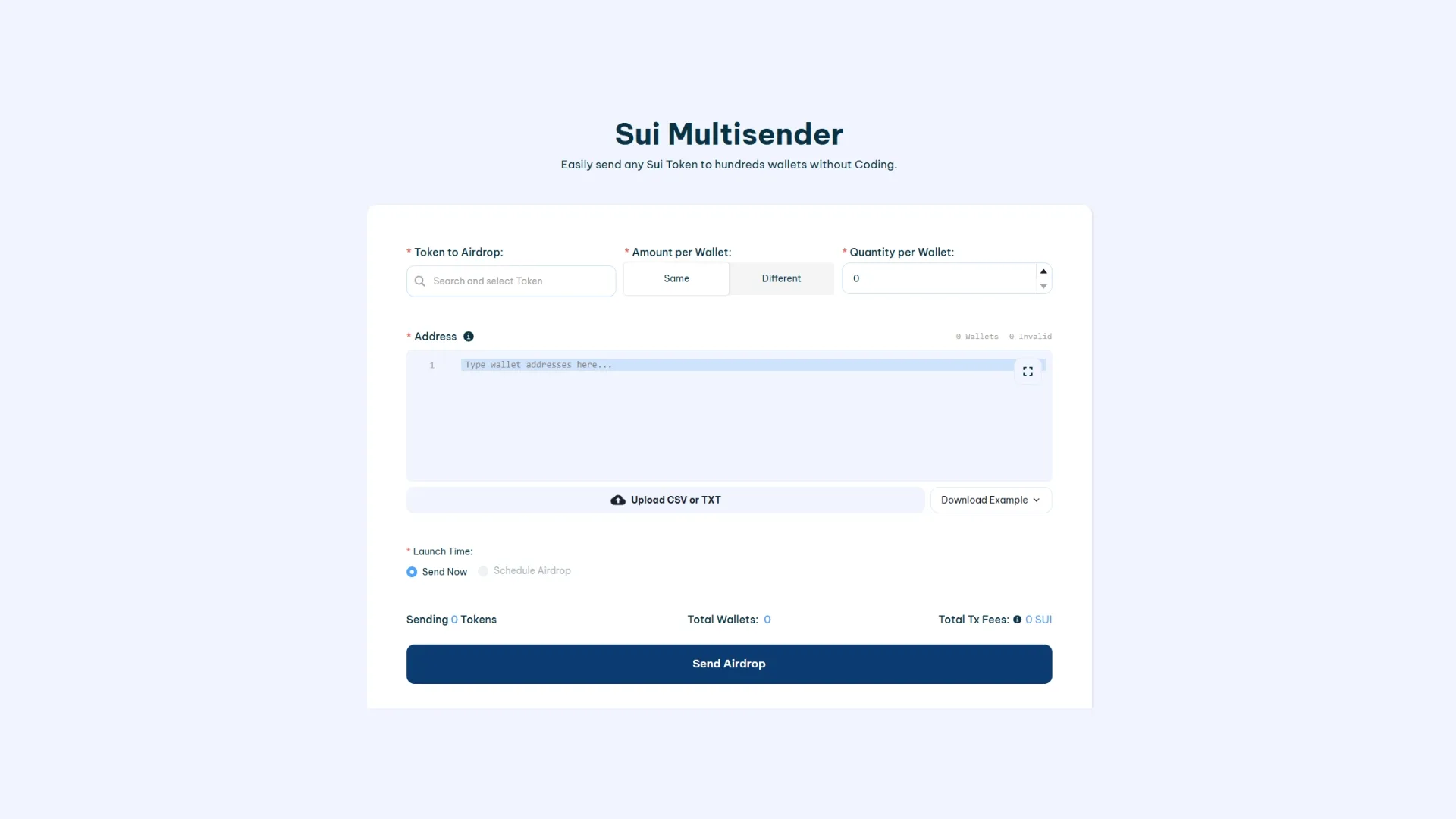コードを書かずにSUIでairdropを実行できるdApp、Smithii Toolsのスクリーンショット。