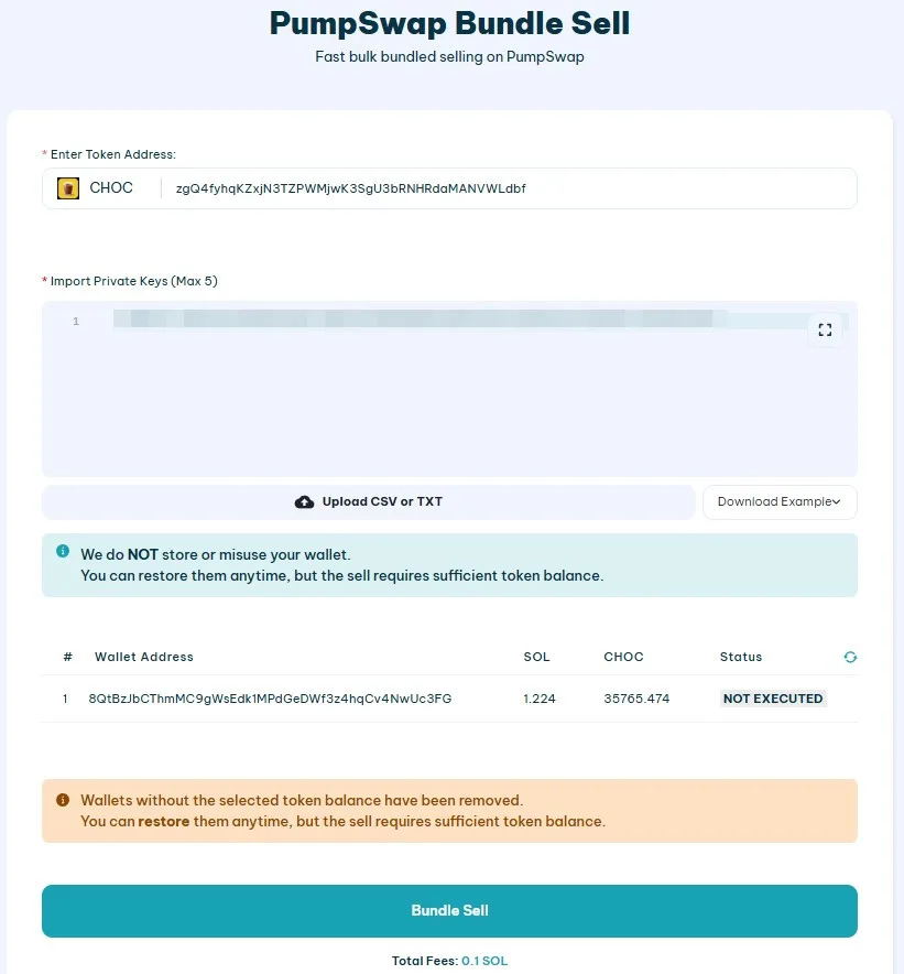 Bundle Sell interface screenshot, a tool that allow everyone to sell all meme coins after create a PumpSwap liquidity pool and bundle buy tokens