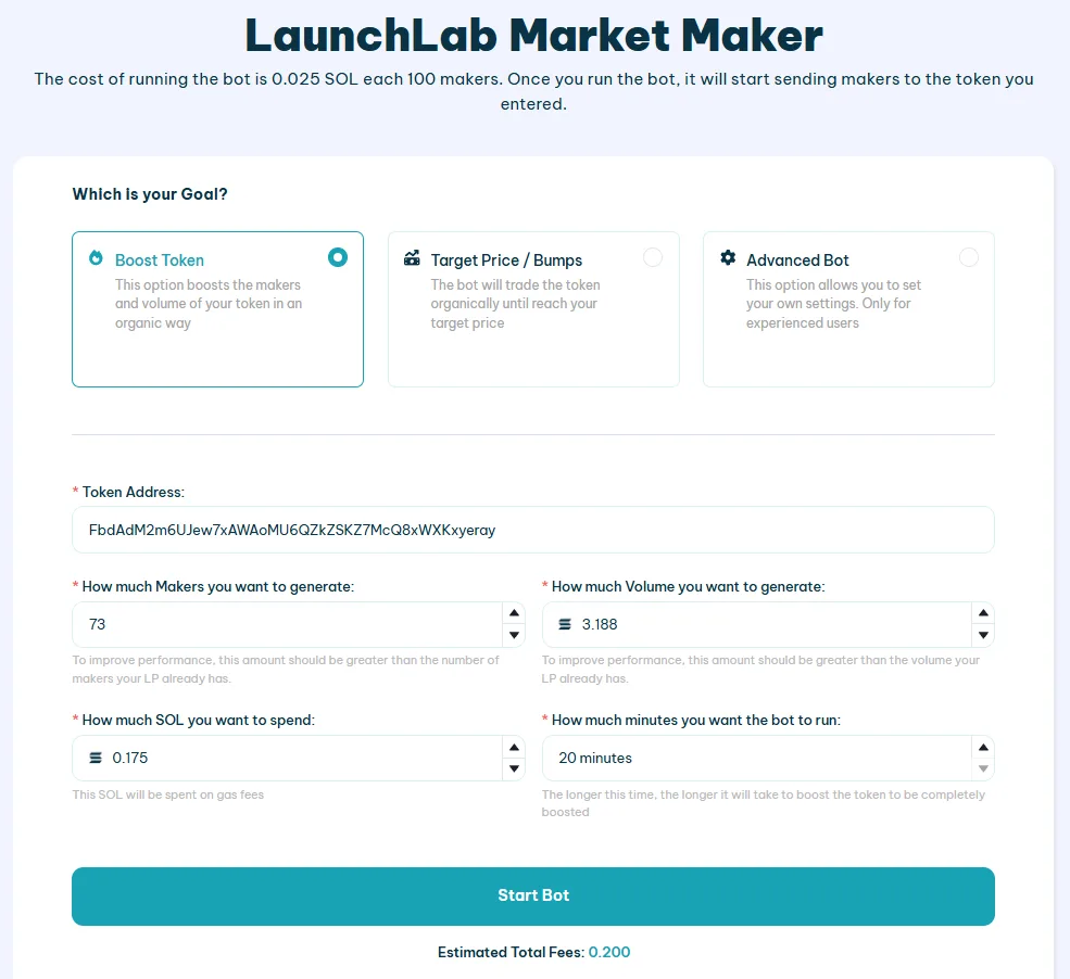 Launchlab Volume Bot, a new feature add for Market Maker Bot by Smithii, interface screenshot