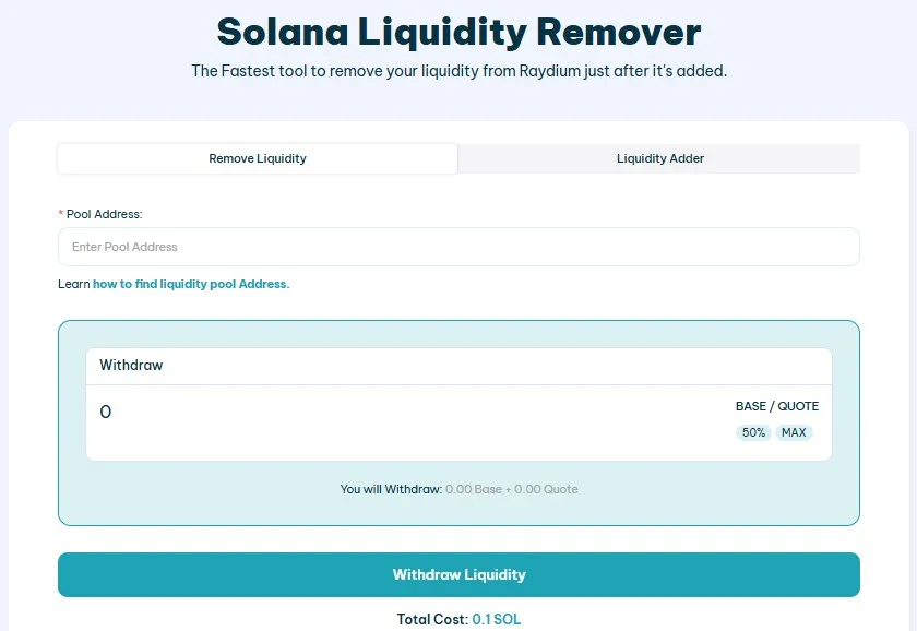 raydium-remover-liquidity-solana Withdraw liquidity from Raydium using Solana Liquidity Remover by Smithii Tools