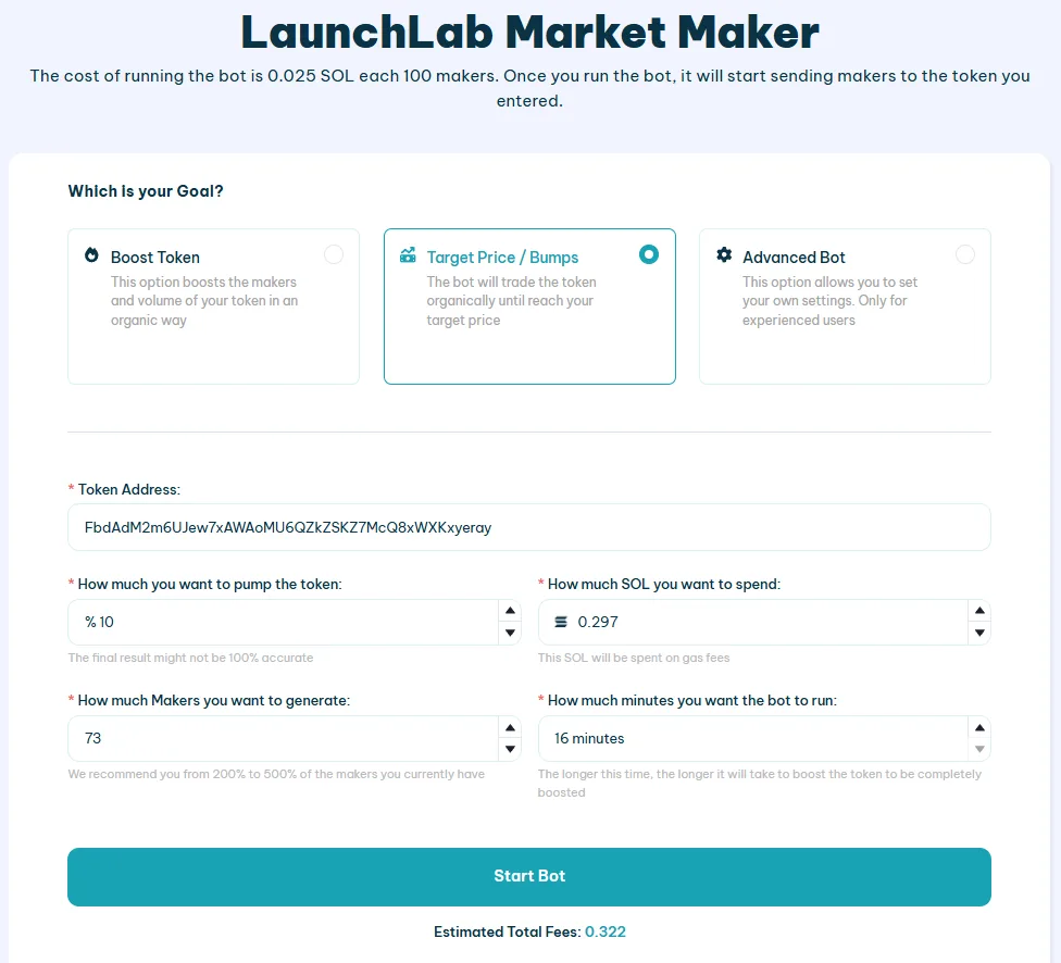 Target Price mode on LaunchLab Volume Bot interface