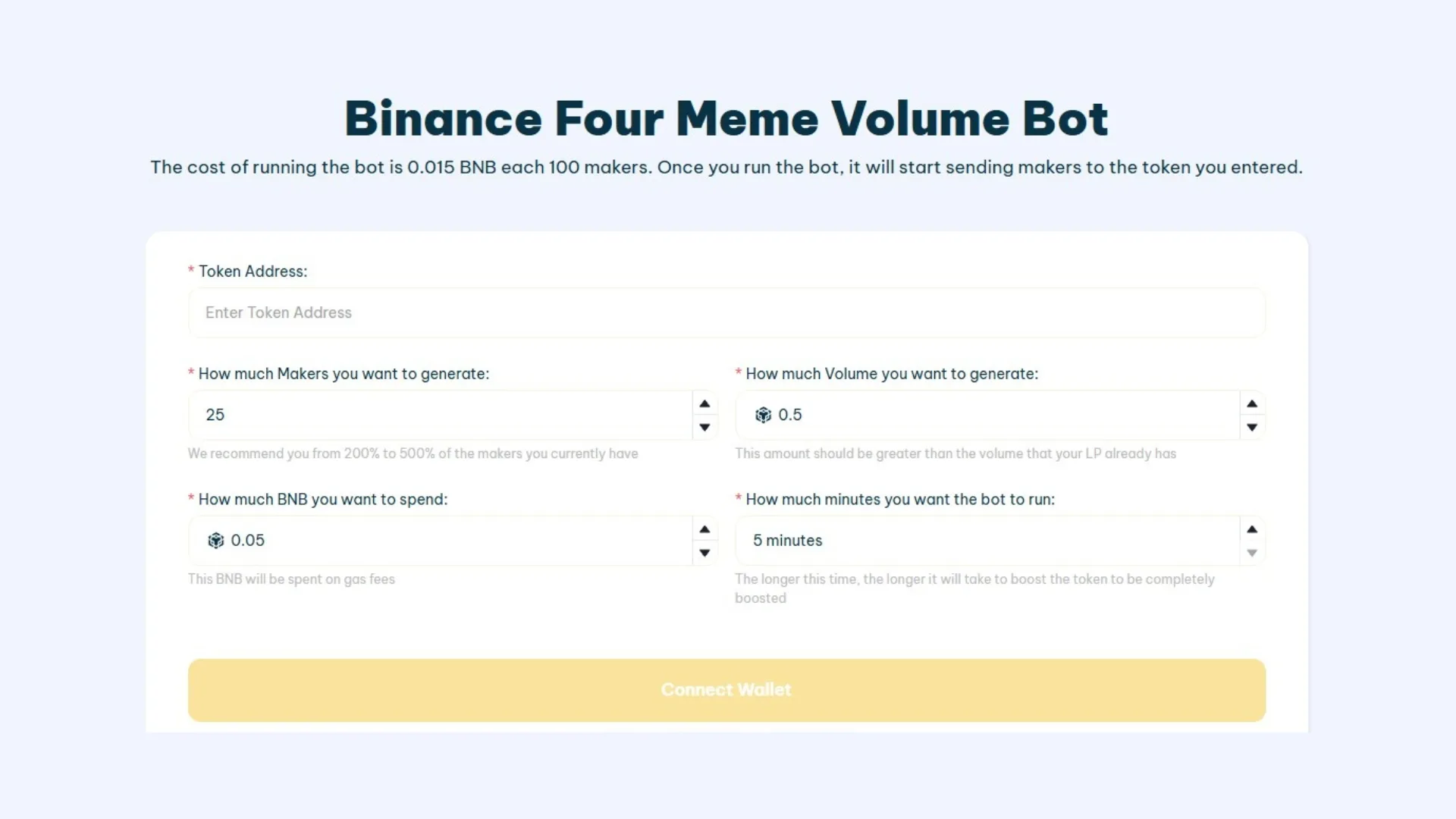 Four Meme Volume Bot screenshot, no code knwoledge needed to boost your meme coin