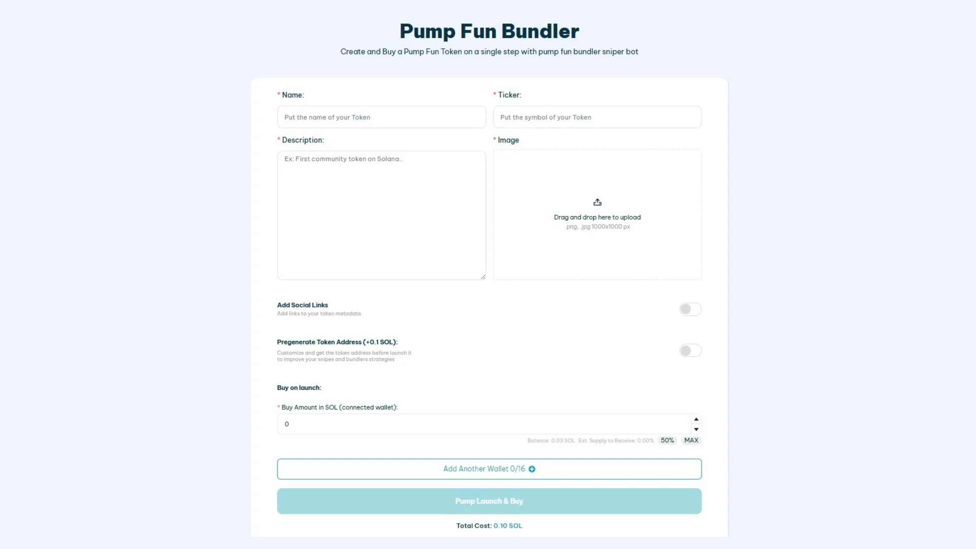 How to launch a meme coin on Pump.fun using the Bundler Bot available on Smithii, empty fields and interface screenshot