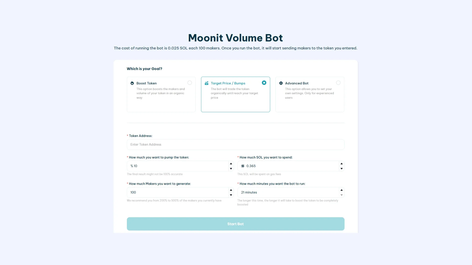 how-to-use-moonit-bumps-bot-screenshot volume bot का alternative mode जो दिए गए parameters के हिसाब से bumps करता है। "Target Price" mode active का screenshot।
