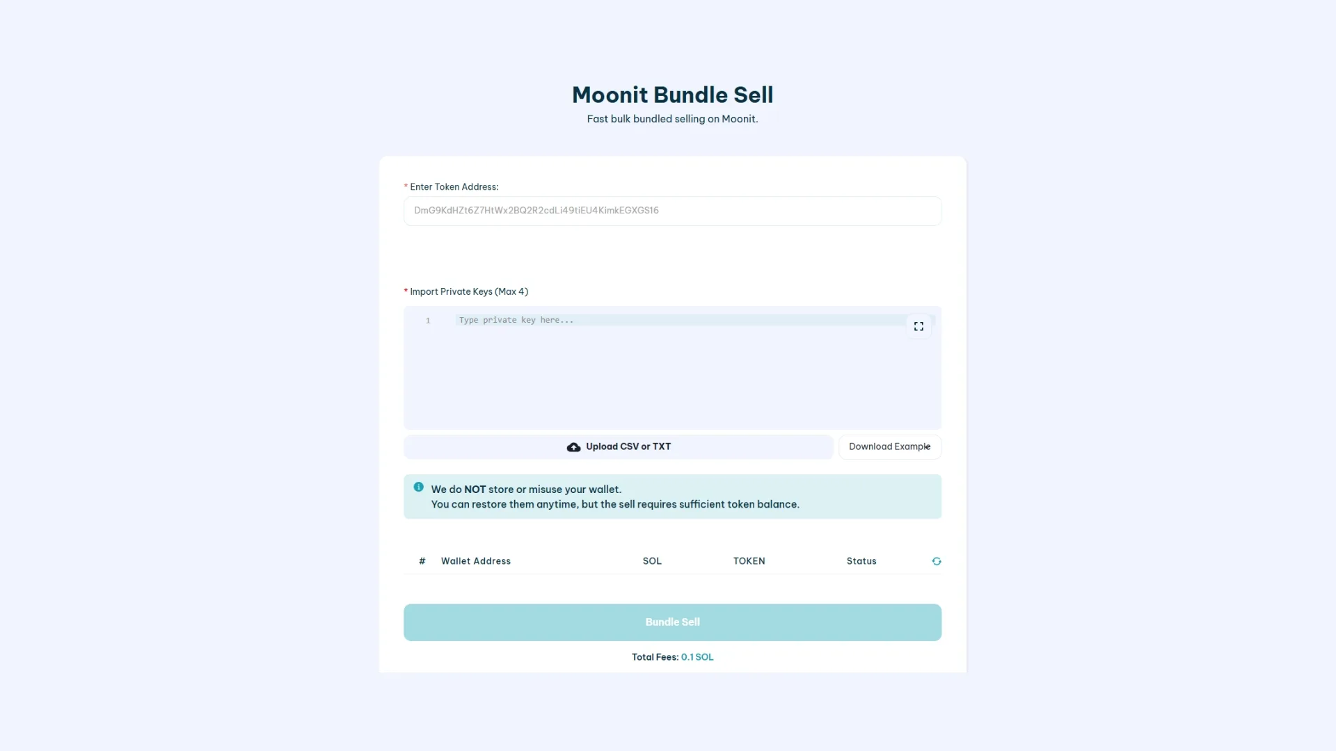 how-to-use-moonit-bundle-sell-screenshot MoonitでBundle Buyができるのと同様に、Moonit Bundle Sellを使えば複数のwalletからmemecoinを一括売却できます。
