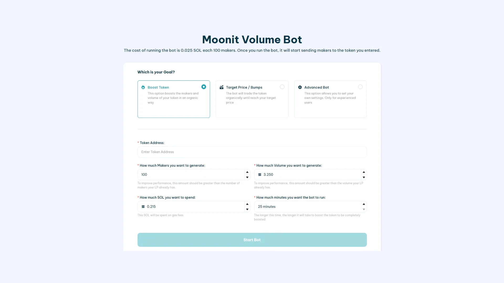 how-to-use-volume-bot-moonit-screenshot Smithii के dApp का use करके Moonit पर volume bot कैसे use करें, इसकी guide। खाली fields के साथ interface का screenshot।