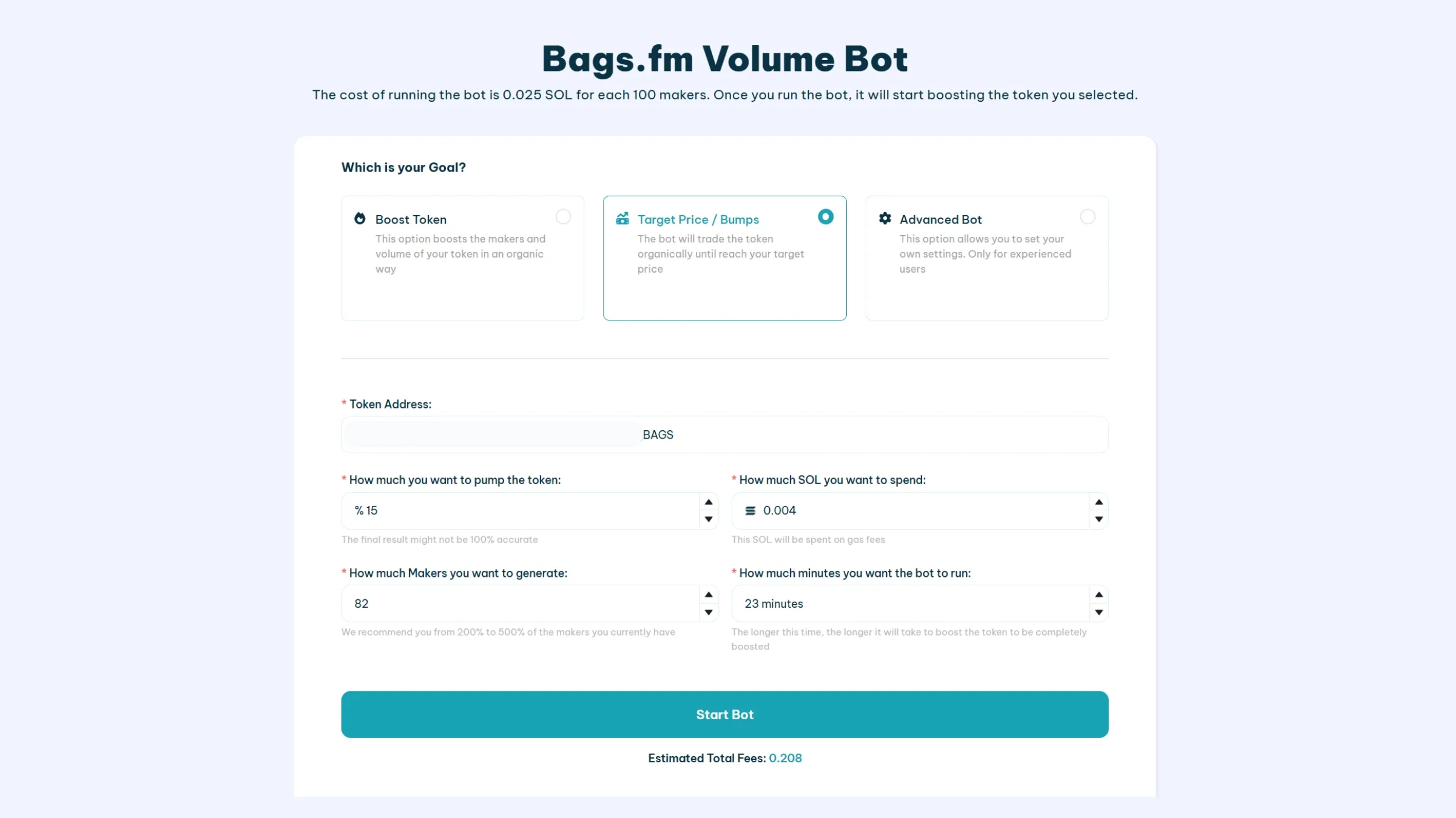 Bags.fm Volume Bot screenshot of the UI for bumping a memecoin on the app of Bags.fm