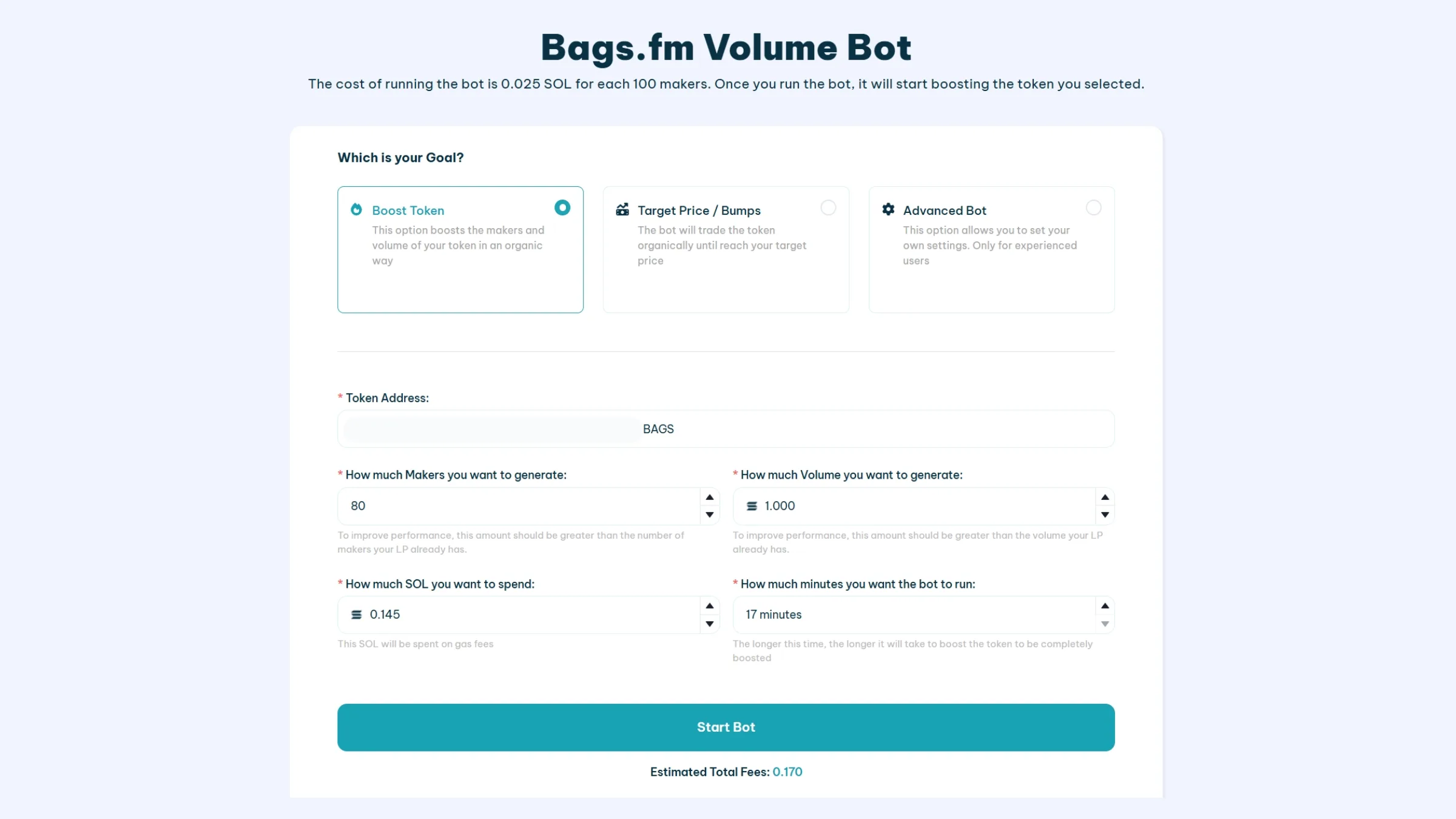 Bags.fm Volume Bot screenshot of the UI for increasing makers of a memecoin on the app of Bags.fm