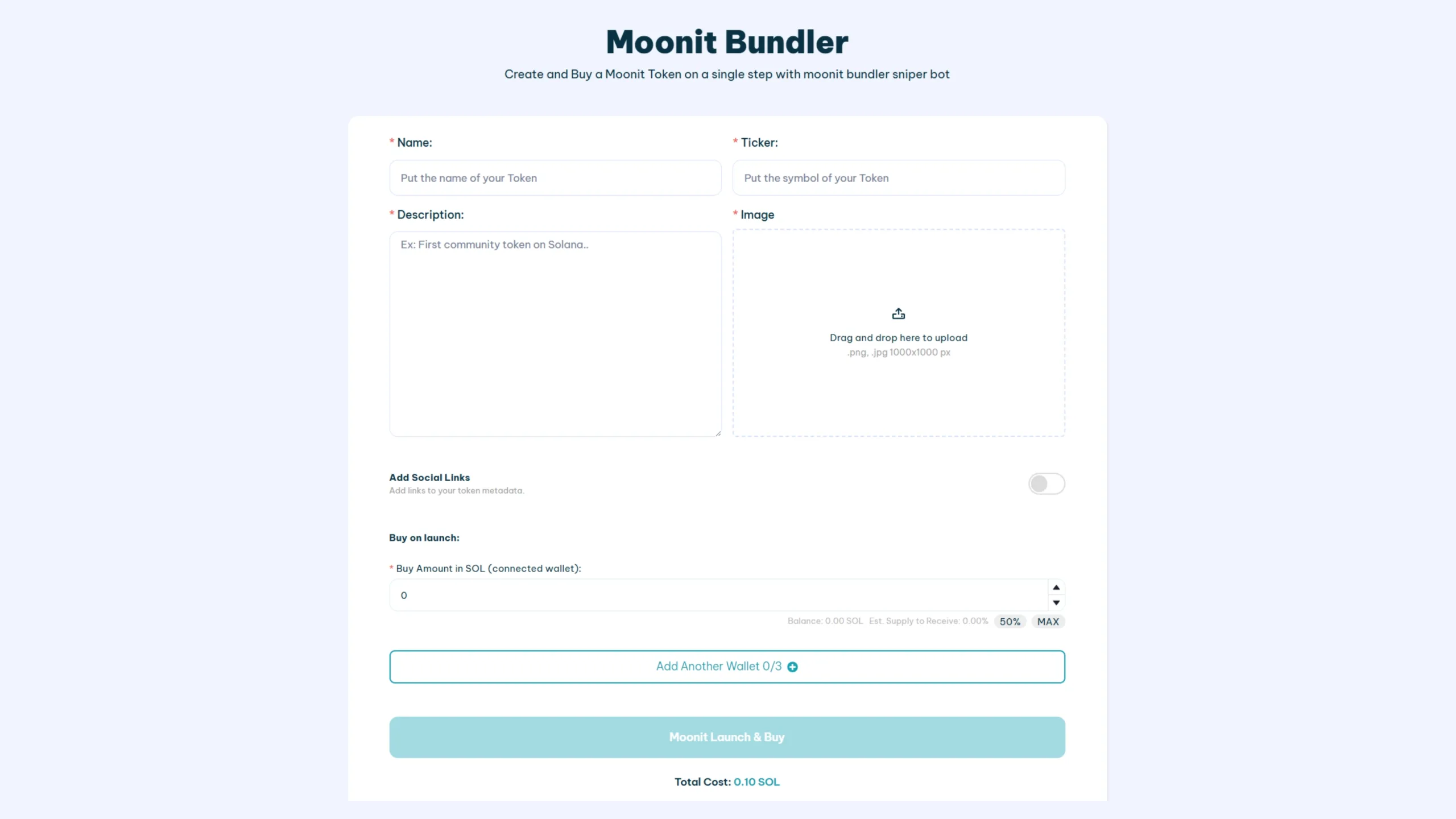 Moonit Bundler Bot UI for launching tokens on the Moonit Launchpad