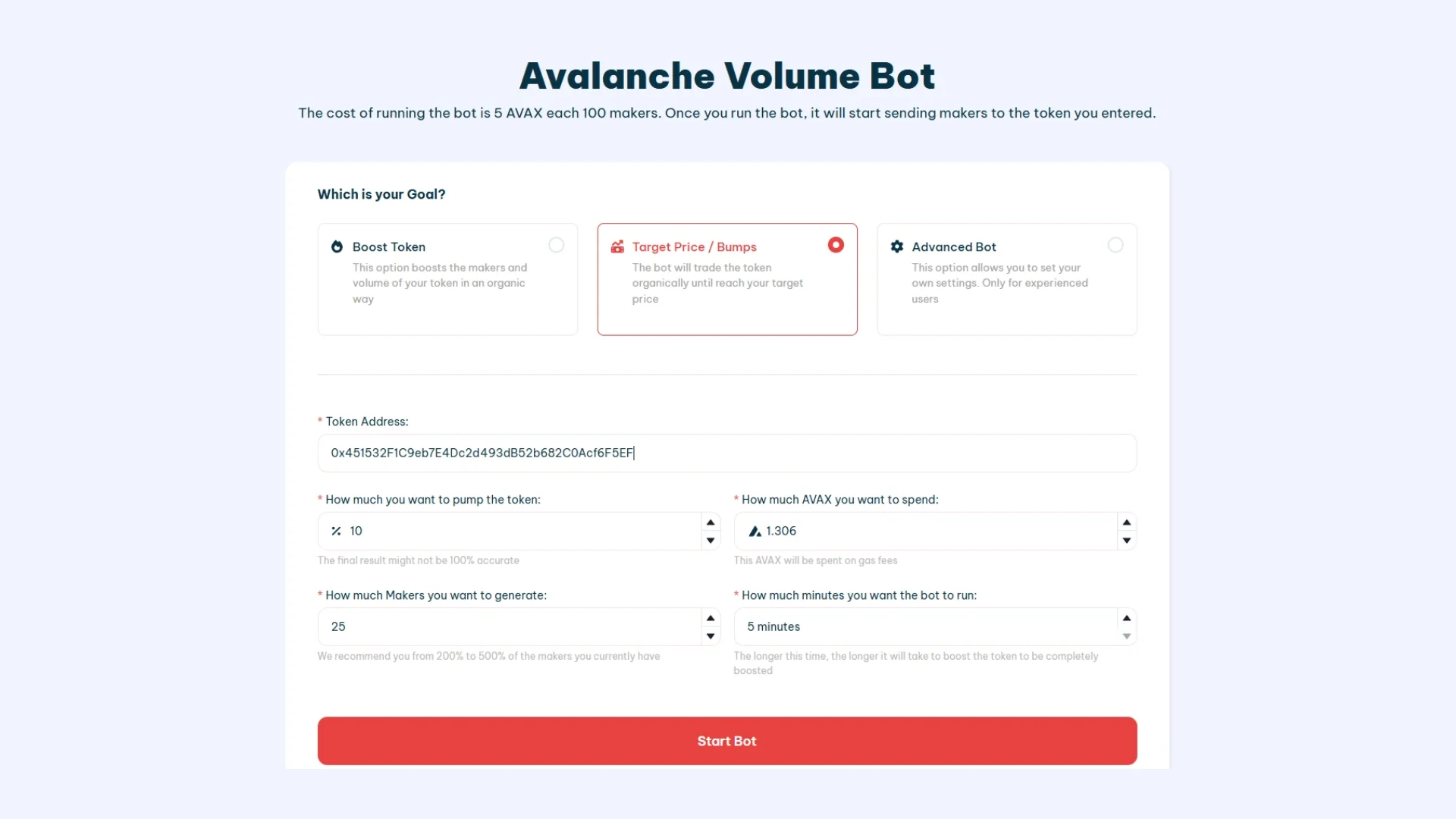 "Target Price" mode activated, all fields screenshot for Avalanche (Avax)