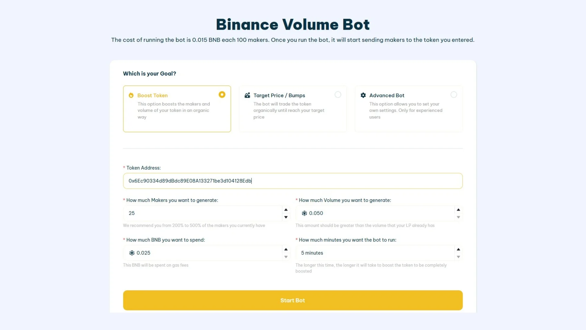 BSC Volume Bot (also BNB Volume Bot or Binance Volume Bot), interface screenshot, tool to boost a BEP20 token easily