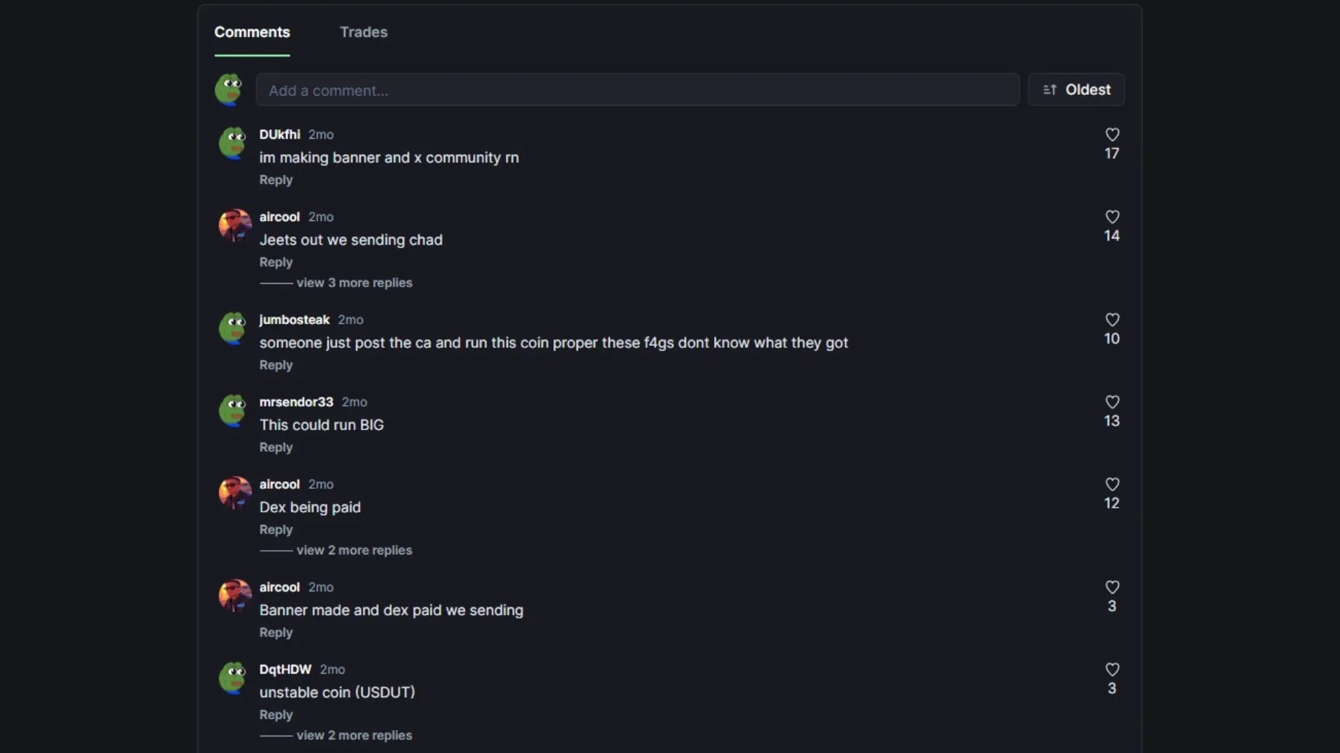 Sezione commenti in un token Pump.fun casuale