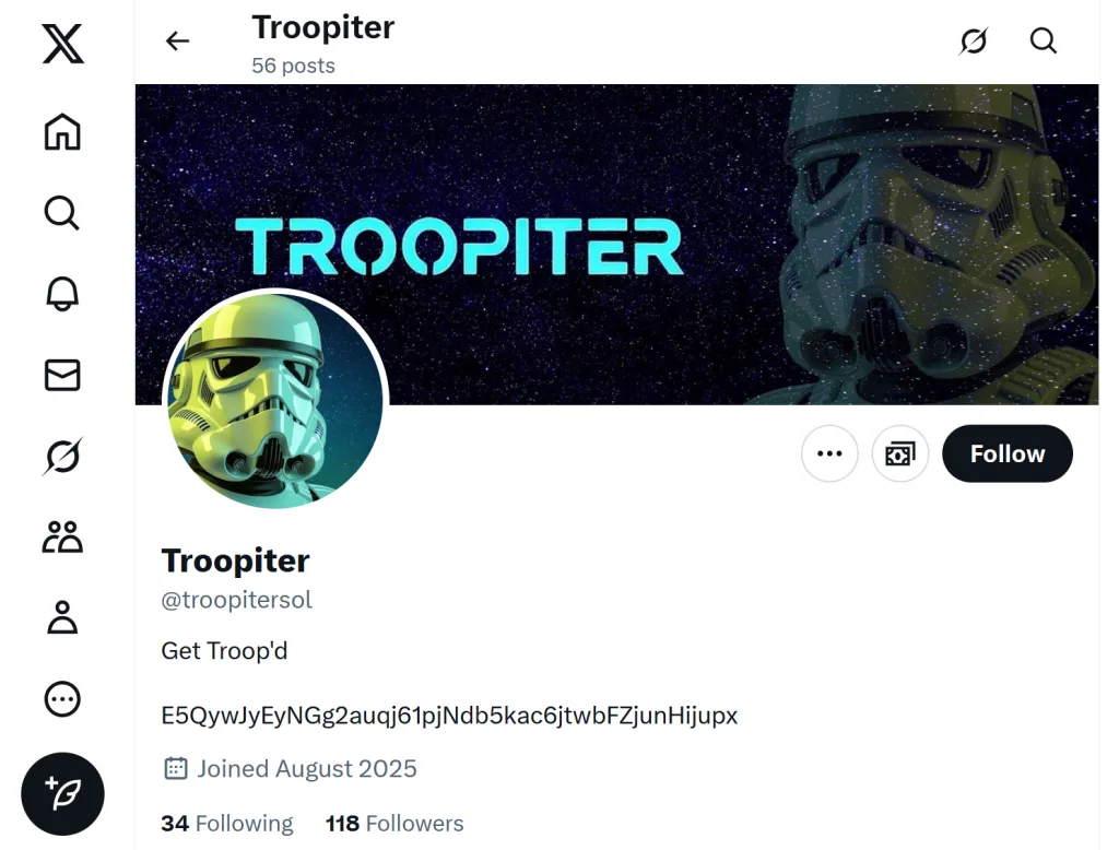 Example of X account of a memecoin project created on Jupiter Studio. 